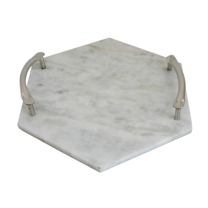 Plateau de service ovale en marbre blanc personnalisable fait à la main poignée en fer argenté nickelé pour la maison hôtel restaurant utilisation décorative - Product Image 3