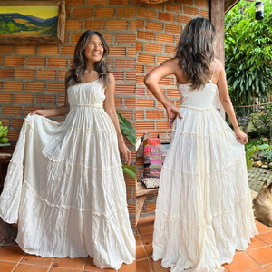 High Quality Custom White Knitted Organic Cotton Long Dress Spaghetti Strap V-neck Smocked Back Tiered Ruffle <b>Boho</b> Beach - Product Image 6