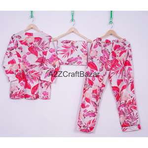 ชุดนอนผ้าฝ้าย 100% สำหรับผู้หญิง ลายดอกไม้พิมพ์ดิจิทัล ชุดเจ้าสาว ชุดเพื่อนเจ้าสาว เอวยางยืด แขนยาว - Product Image 5