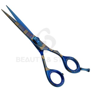 Ciseaux de coiffure professionnels bleu foncé avec design à rayures linéaires et bord convexe tranchant - Product Image 2