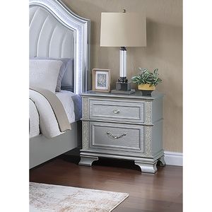 Mesa de Noche Elegante con Acabado Gris y 2 Cajones, Frente Decorativo con Brillo, 1 Pieza, para Decoración de Dormitorio - Product Image 2