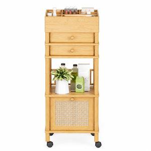 Chariot de rangement esthétique en teck pour salle de bain avec tiroirs en rotin mobiles - Product Image 2