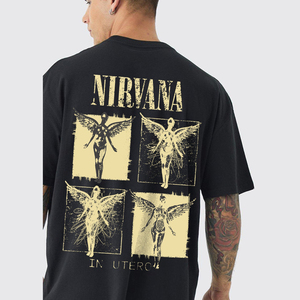 Men's <b>Black</b> Short Sleeve T-Shirt With Gold <b>Winged</b> Figure Print O-Neck Casual Jersey Fit 100% Cotton Breathable Regular Fit - Product Image 3