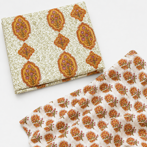 Orange Floral Hand Block Printed Cotton Fabric <b>Set</b> with Mughal Motif Pattern for Dress Material Suit Dupatta <b>Sewing</b> Craft Textil - Product Image 5