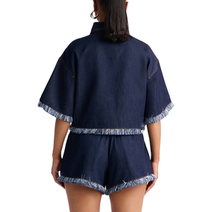 Women Solid Short <b>Denim</b> Top High Waist <b>Stretch</b> Ripped Frayed Hem Button Zipper Eco-Friendly Waterproof Summer Washed Custom - Product Image 2