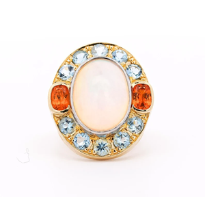 Bague de cocktail vintage en or 10 carats avec opale naturelle au centre et accents de topaze bleue et citrine sertis clos pour femme - Product Image 2