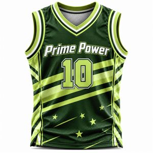 ชุดเสื้อบาสเก็ตบอลแบบกำหนดเอง Prime Power สีเขียวลายทาง ผ้าตาข่าย แขนกุด คอวี ระบายเหงื่อได้ดี สำหรับผู้ใหญ่ ทั้งชายและหญิง - Product Image 2