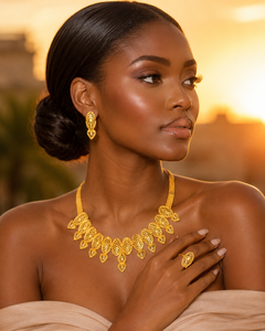 Elegant African Gold Plated Designer <b>Charm</b> Necklace Set Women's Brass Box Chain Flower Shape - Product Image 3