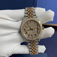 Montre de luxe en acier inoxydable glacé, style dessin animé, avec diamants Moissanite, bicolore or et argent, cadran arabe, verre saphir, fenêtre de date et breloque