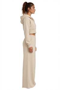 <b>Womens</b> Beige Cropped Zip Hoodie And Wide Leg <b>Sweatpants</b> 2 Piece Tracksuit Set Casual Loose Fit - Product Image 5