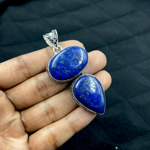 Pendentif en argent avec lapis-lazuli, pierre précieuse bleue ovale en forme de goutte, double pierre, bijou statement, cadeaux vintage bohèmes - Product Image 4