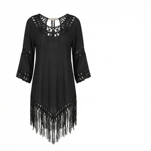 Women's Black Chiffon Boho Tunic With Lace Hollow Neck And <b>Fringe</b> Hem - Product Image 1
