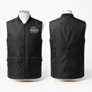 เสื้อแจ็คเก็ตช่างตัดผมแบบยูนิเซ็กซ์ ผ้าโพลีเอสเตอร์พรีเมียม 180 GSM สีดำ แขนสั้น ระบายอากาศได้ดี ชุดยูนิฟอร์มร้านเสริมสวย ปักลายนูน ปักโลโก้ตามสั่ง - Product Image 3