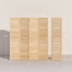 Divisorio in Legno a 4 Pannelli Tagliato al Laser, Alto 1,70 m, Design Semplice, Pieghevole, con Fori per Ganci, Colore Naturale - Product Image 3