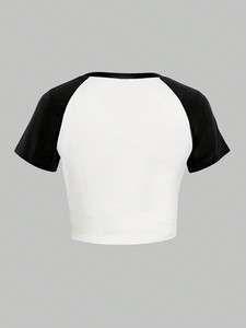 <b>Top</b> Trendy Streetwear Two Tone <b>Raglan</b> Crop T Shirt Women Fitted Stretch Cotton Contrast Sleeve Casual OEM women's shirt - Product Image 3