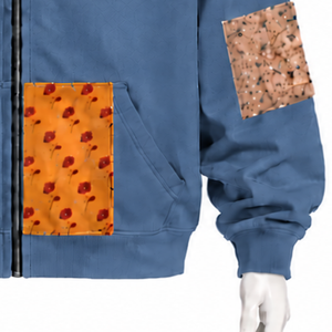 Sweat à capuche zippé oversize en denim bleu avec patchwork de tapisserie et patchs imprimés, style streetwear décontracté - Product Image 6