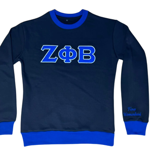 เสื้อสเวตเชิ้ตคอกลมลำลองลาย Zeta Phi Beta Z Phi B ของชมรมหญิงกรีกแบบกำหนดเอง พร้อมขอบสีน้ำเงินเข้มสำหรับใส่ในฤดูหนาว - Product Image 1