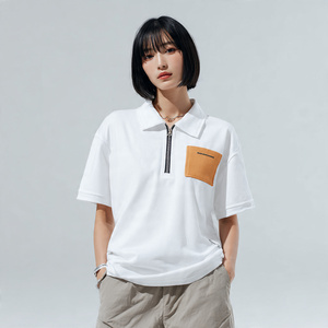 Oversized Zip-Up Polo Shirts Women Summer Short Sleeve Polo Shirt Ladies 100% Cotton <b>Drop</b> Shoulder Zip Up Polo Shirts Women's - Product Image 3