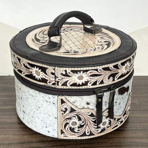 Estuche Redondo de Maquillaje de Cuero a Cuadros, Hecho a Mano, de Lujo, de Cuero Vacuno Auténtico, Organizador de Viaje para Joyas y Cosméticos - Product Image 4