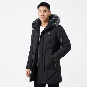 Veste longue à capuche pour homme avec garniture en fourrure, coupe-vent, parka d'hiver épaisse, fermeture éclair décontractée, manteau noir uni - Product Image 4