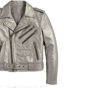 Chaqueta de moto de cuero genuino plateada para hombre, corte ajustado, con cierre de cremallera, cinturón en la cintura, abrigo de motociclista OEM, prenda exterior con cremallera asimétrica - Product Image 4