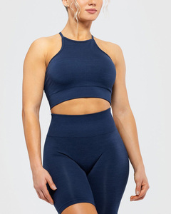 Women Seamless Halter Sports Bra Cut-Out Design High Support Yoga Wear Navy Blue Crew Neck Workout <b>Top</b> Front Logo <b>Plus</b> <b>Size</b> - Product Image 1