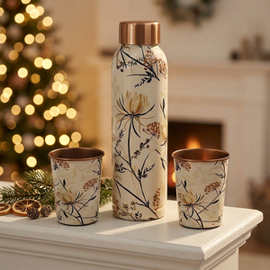Ensemble de bouteille et de tasse en cuivre, motif oriental bleu et blanc, vaisselle portable pour l'extérieur - Product Image 2