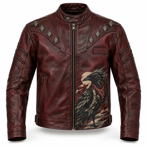 Chaqueta de Cuero con Gráficos Oxblood Raven para Hombre, Chaqueta de Motero Occidental de Piel de Vacuno Carmesí Personalizada, Oferta Directa de Fábrica - Product Image 1