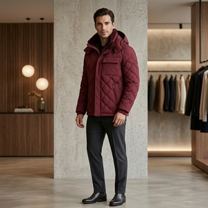 MAATTIERA Quilted Hooded <b>Jacket</b> Red Polyester <b>Fleece</b> Lining Windproof Winter Casual <b>Thick</b> Regular Fit Zipper Closure - Product Image 4
