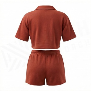 Conjunto de 2 Piezas para Mujer, Color Sólido, Manga Corta, Top Corto Tipo Polo y Pantalones Cortos por Encima de la Rodilla, Estilo Casual para Primavera/Verano - Product Image 2