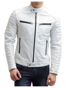 Chaqueta de Motocicleta de Cuero Blanco Acolchada para Hombre, Modelo FJM007 - Product Image 3