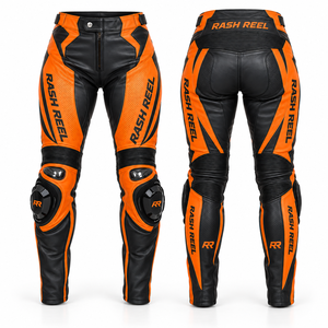 Pantalon de moto en cuir pour femme, orange et noir, imprimé color block, respirant, pour la course - Product Image 2