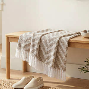 <b>Blue</b> Cotton Chevron Woven <b>Throw</b> <b>Blanket</b> 125x150 cm with Fringe for Armchair Sofa and Modern Coastal Home Décor - Product Image 3