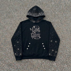 Sweat à capuche de luxe brodé de strass, personnalisé, coupe oversize, délavé à l'acide, style streetwear, en tissu éponge pour homme - Product Image 3