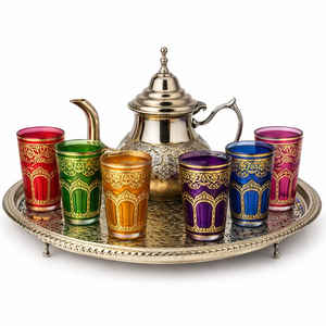 ชุดน้ำชาโมร็อกโกขายดี 6 แก้วหลากสี ถาดอะลูมิเนียมอัลลอยสีเงิน พร้อมกาน้ำชาและกล่องของขวัญ - Product Image 1