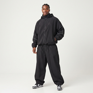 Ensemble de survêtement baggy pour homme 100 % polyester, coupe ample, fermeture éclair intégrale, style décontracté hiver, poches latérales, taille oversize - Product Image 1