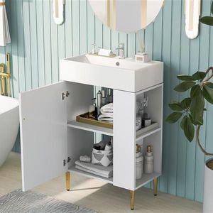 Mobile bagno bianco da 21,6 pollici in legno massello e PVC con specchio LED, mobiletto e lavabo singolo in ceramica, con vano contenitore a destra - Product Image 4