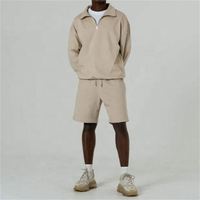 Ensemble de survêtement sportif pour homme en 2 pièces, sweat-shirt à fermeture éclair courte en coton/élasthanne à séchage rapide et short, style décontracté d'été