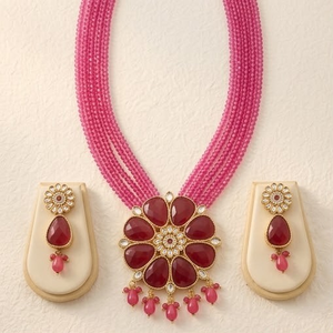 DIVYORO BOLD <b>RUBY</b> FLORAL STATEMENT <b>NECKLACE</b> WITH MULTI-STRAND BEADS - Product Image 1