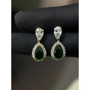 14K Gold Pear Shape Emerald & Diamond Drop Earrings | 3 Ct Pear & 0.90 Ct Round Diamond with 2.90 Ct <b>Green</b> Emerald Fine Jewelry - Product Image 5