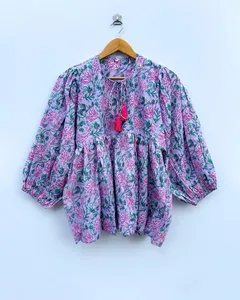 Vestido Mini Casual de Verano con Estampado Floral de Algodón Morado Bohemio, Manga Abullonada, Corte Holgado y Cuello con Lazos - Product Image 6