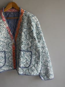 <b>Quilted</b> <b>Jacket</b> Women's Cotton Printed Geometric <b>Pattern</b> V-Neck Drop Shoulder Full Sleeve Summer Style gift for her - Product Image 5