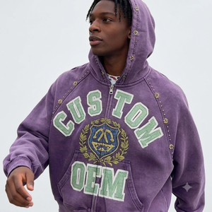 Custom Vintage Acid Wash Full <b>Zip</b> Hoodie Oversized Rhinestone Embroidered Varsity Applique Cotton Fleece Streetwear - Product Image 1