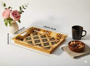 Plateau de service rectangulaire en bambou artisanal avec poignées, brun, pour thé et café - Product Image 3