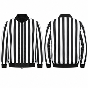 Men's Custom <b>Black</b> <b>White</b> Striped Referee Jacket Full Zip Lightweight <b>Football</b> Officials Bomber Jacket Sports Uniform Team wear - Product Image 4
