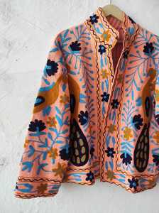 Prairie Chic Hand Embroidered Eco-Friendly <b>Quilted</b> Canvas Button Floral <b>Pattern</b> O-Neck Full Sleeve Winter Autumn Women's <b>Jacket</b> - Product Image 3
