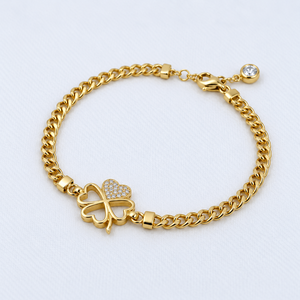 Pulsera de Moda de Oro Real de 14K con Diamantes de Laboratorio, Diseño de Corazón y Trébol de la Suerte, Cadena de Eslabones y Cadena Curb, Regalo Elegante para Mujer - Product Image 4
