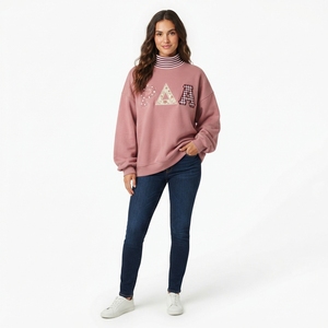 Women's Pink Oversized Mock Neck Sweatshirt With PIA <b>Applique</b> <b>Letter</b> Print Drop-Shoulder Fleece Autumn Wear - Product Image 1