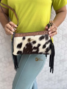 Bolso de mano de cuero de vaca con flecos y grabados de diseño único para mujer, elegante cartera negra, bolso cruzado - Product Image 5