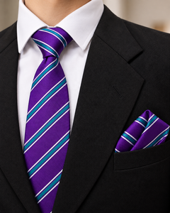 Luxury <b>Purple</b> and Teal Striped Formal Polyester <b>Tie</b> with Quick Dry & Durable Matching Pocket Square Set - Product Image 1